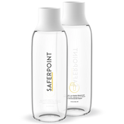 Two BRITA Wave bottles with white caps and customer logo.